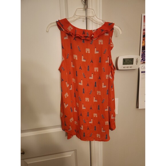 Maeve by Anthropologie Orange Sleeveless Top Ruffles & Famous Buildings Size 12 - Picture 10 of 11